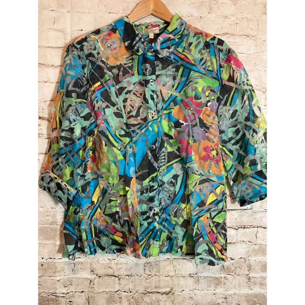 Choices Artsy Burnout Top Womens XL Semi Sheer Button Up‎ Tropical Lightweight